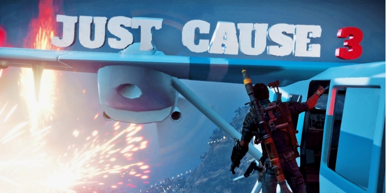 Guter Einstieg: Ricos Anflug auf Medici wird vom Logo eingerahmt, das kurze Zeit später explodiert. Ein mehr als passender Einstieg. (PS4)