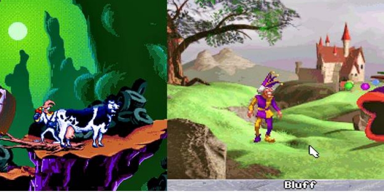Zwei Klassenclowns des Jahrgangs 1994: Earthworm Jim (links) veräppelt gekonnt das Science-Fiction-Genre. The Legend of Kyrandia 3 (rechts) nutzt Sitcom-Elemente, wie ein übertrieben lachendes Publikum.