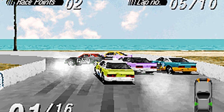 Ocean Drive: Optisch war Destruction Derby ein Volltreffer. Vor allem die Meerblick-Strecke war ein Augenschmaus - für damalige Verhältnisse natürlich. (PC)