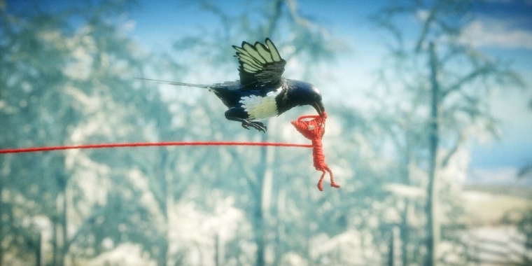 Geflügelter Bote: Diese Elster hilft Yarny, nachdem er sie aus einem Drahtgeflecht befreit hat. Vor anderen Rabenvögeln allerdings sollte sich das Wollmännchen in Acht nehmen (PS4)
