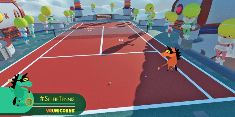 Ziemlich abgefahren: Die humanoiden Tennisbälle oder das Einhorn mit der VR-Brille sind nicht auf jedermanns Tennisplatz zu finden und machen das Spiel recht reizvoll. (Vive)