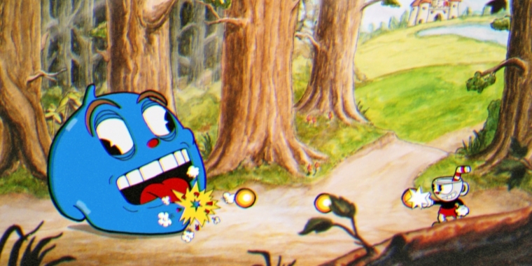 Peng, peng: 
Mit dem bloßen Finger schießt der kleine Cuphead auf die teilweise grotesk, teilweise niedlich gestalteten Feinde und Bosse. (Xbox One)