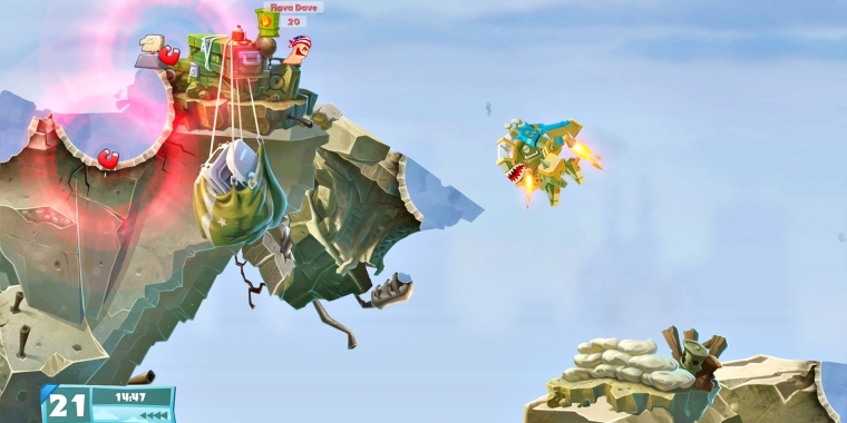 Mean Machine: 
Neu in Worms W.M.D sind große Militär-Fahrzeuge wie der Mech mit Raketenantrieb hier im Bild. (Xbox One)